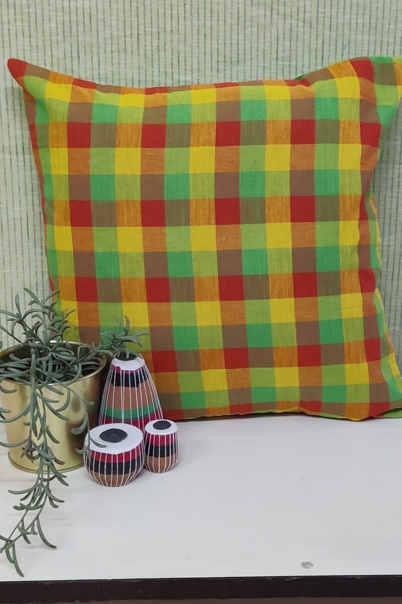 Cozy Cushion: Orange, Yellow, and Green Checkered South Cotton Cushion Cover 16" X 16"