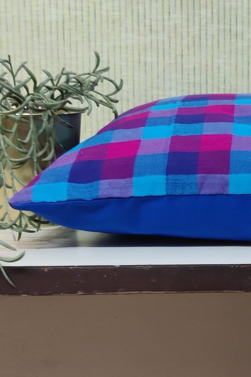 Cozy Cushion: Blue and Hot Pink Checkered Cushion South Cotton Cover 16" X 16" - Image 2