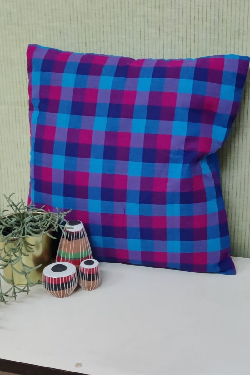 Cozy Cushion: Blue and Hot Pink Checkered Cushion South Cotton Cover 16" X 16" - Image 3