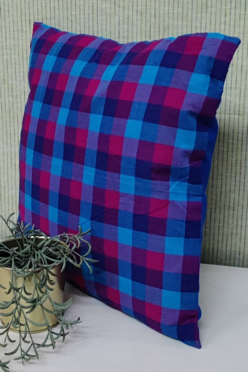 Cozy Cushion: Blue and Hot Pink Checkered Cushion South Cotton Cover 16" X 16" - Image 4