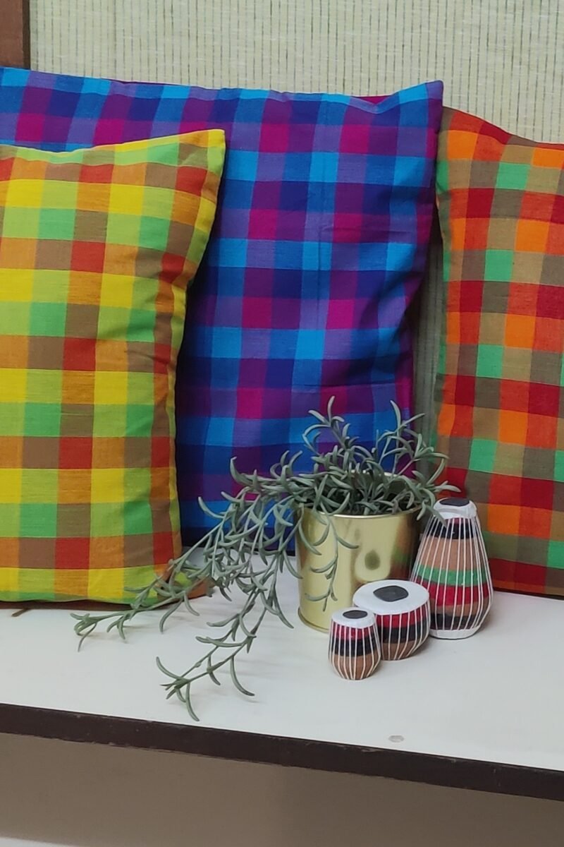 Cozy Cushion: Blue and Hot Pink Checkered Cushion South Cotton Cover 16" X 16" - Image 6