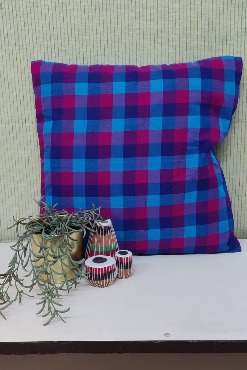 Cozy Cushion: Blue and Hot Pink Checkered Cushion South Cotton Cover 16" X 16"