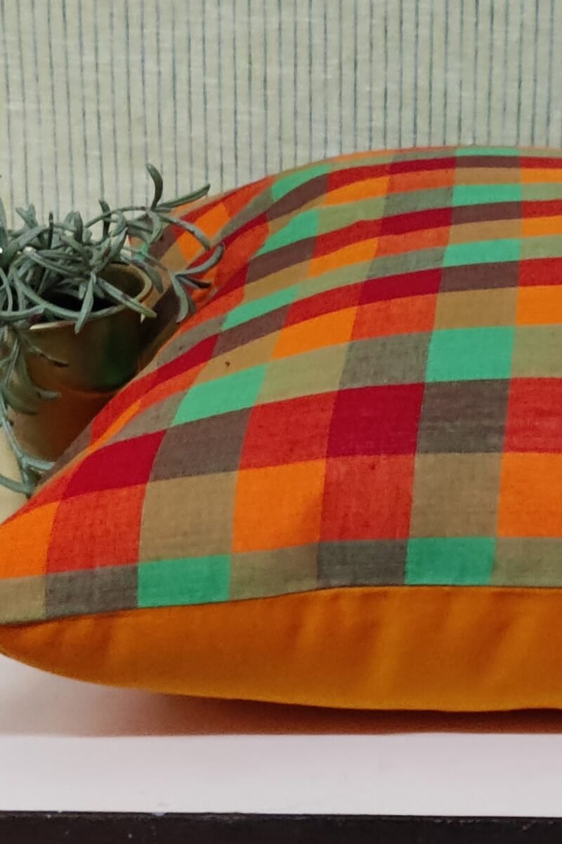 Cozy Cushion: Orange, Red, and Green Checkered South Cotton Cushion Cover 16" X 16" - Image 3