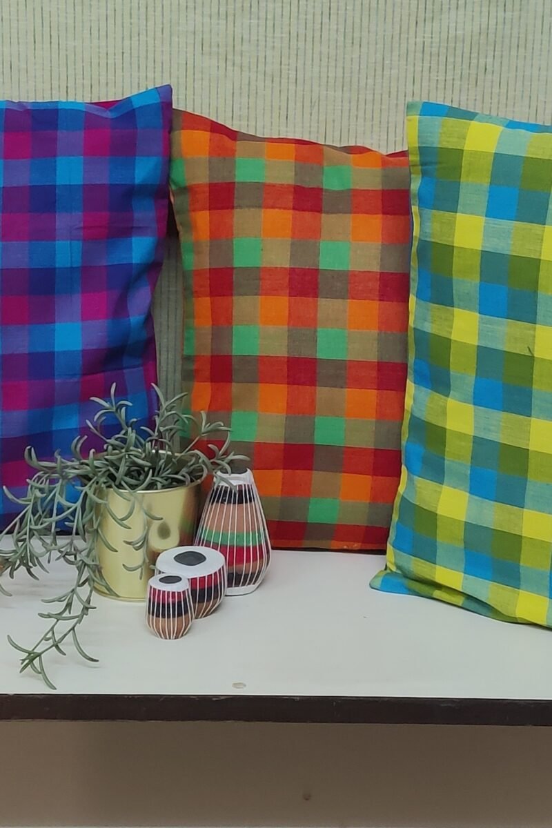 Cozy Cushion: Orange, Red, and Green Checkered South Cotton Cushion Cover 16" X 16" - Image 5