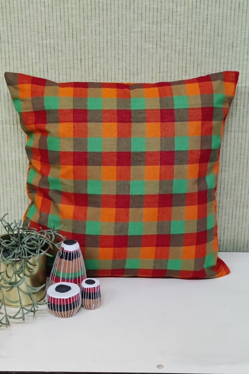 Cozy Cushion: Orange, Red, and Green Checkered South Cotton Cushion Cover 16" X 16"