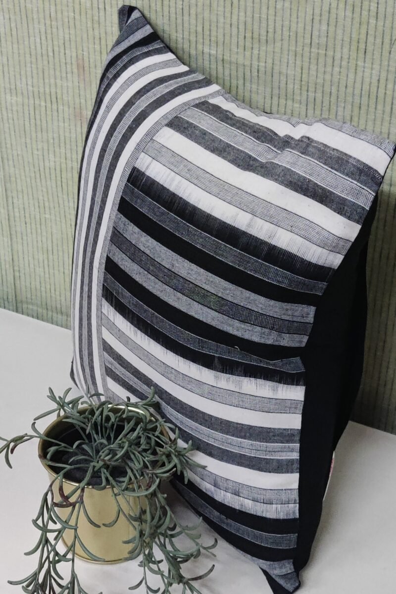 Cozy Cushion: White and Black Monochrome Striped Ikat Cotton Cushion Cover 16" X 16" - Image 3