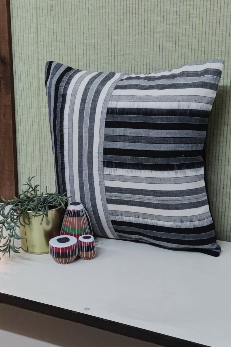 Cozy Cushion: White and Black Monochrome Striped Ikat Cotton Cushion Cover 16" X 16" - Image 5