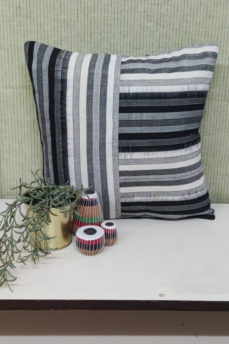 Cozy Cushion: White and Black Monochrome Striped Ikat Cotton Cushion Cover 16" X 16"