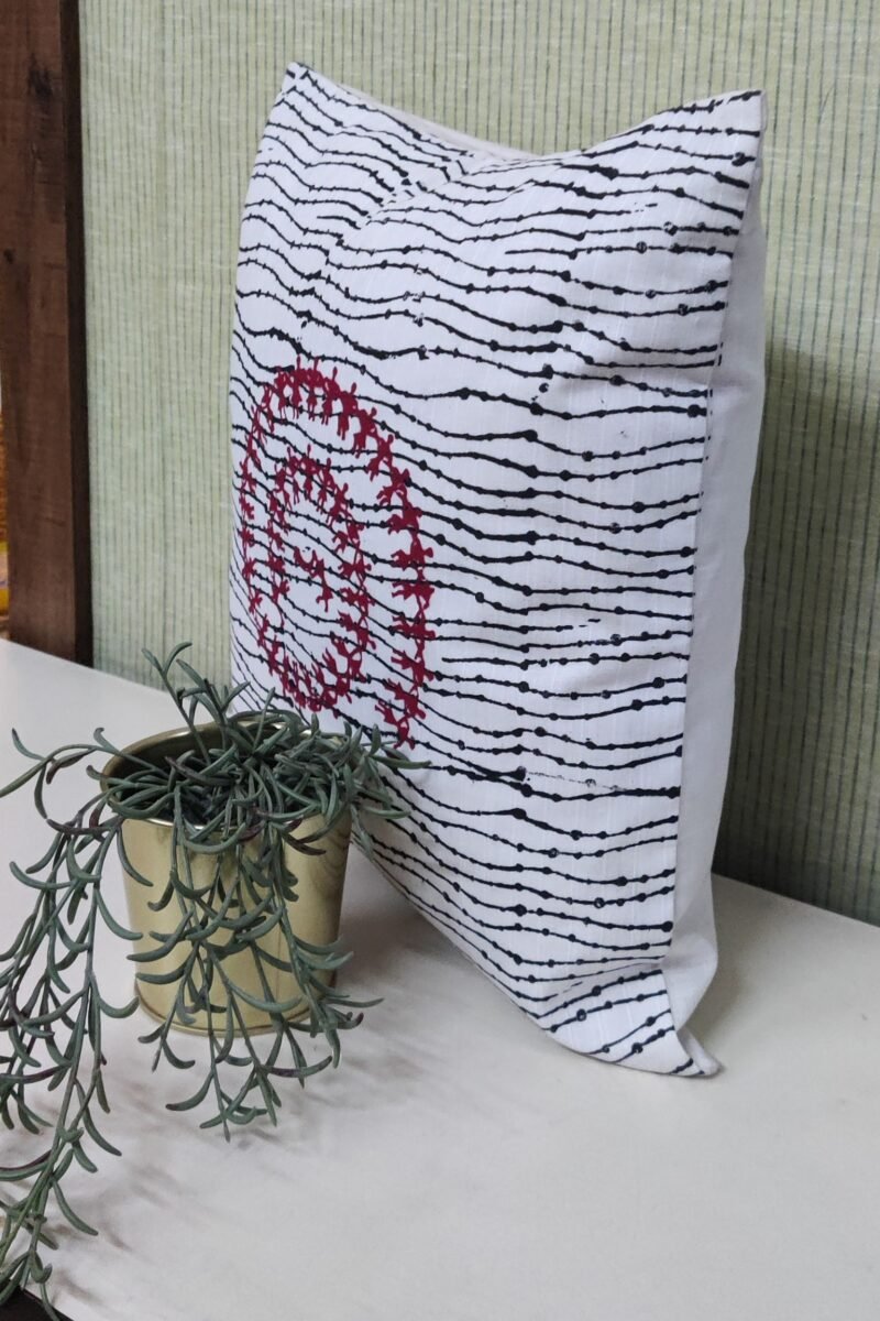 Cozy Cushion: White Self-Lined Cotton with Warli Block Print Cushion Cover 16" X 16" - Image 2