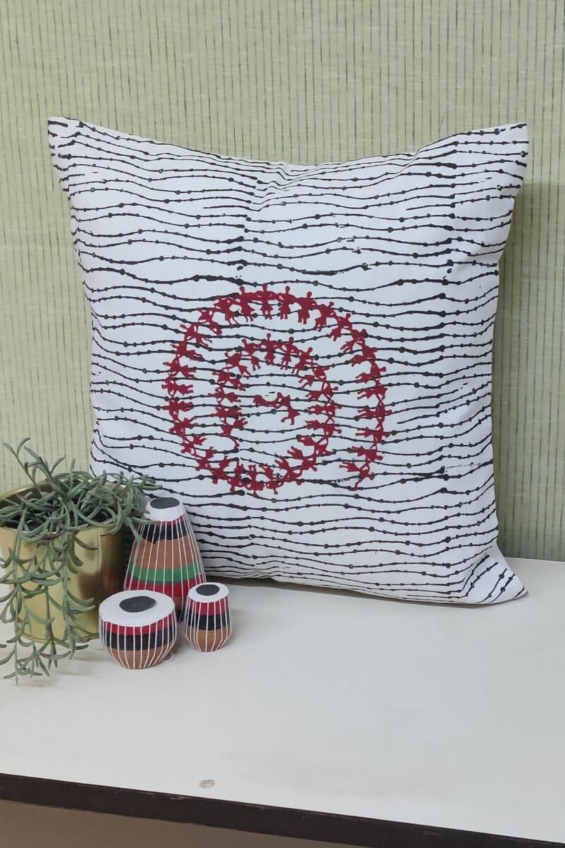 Cozy Cushion: White Self-Lined Cotton with Warli Block Print Cushion Cover 16" X 16" - Image 4
