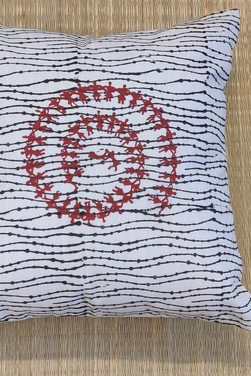 Cozy Cushion: White Self-Lined Cotton with Warli Block Print Cushion Cover 16" X 16" - Image 5