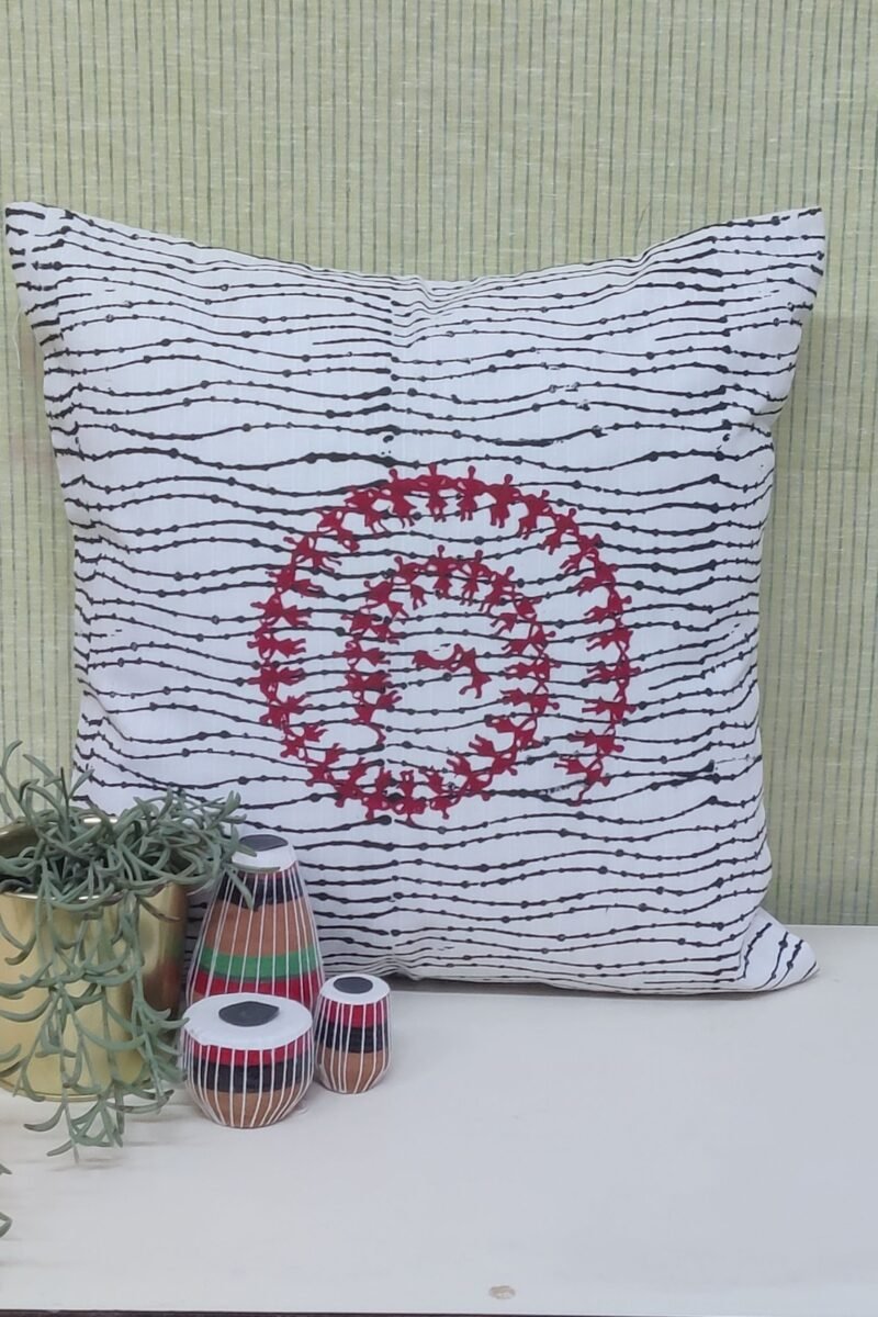 Cozy Cushion: White Self-Lined Cotton with Warli Block Print Cushion Cover 16" X 16"