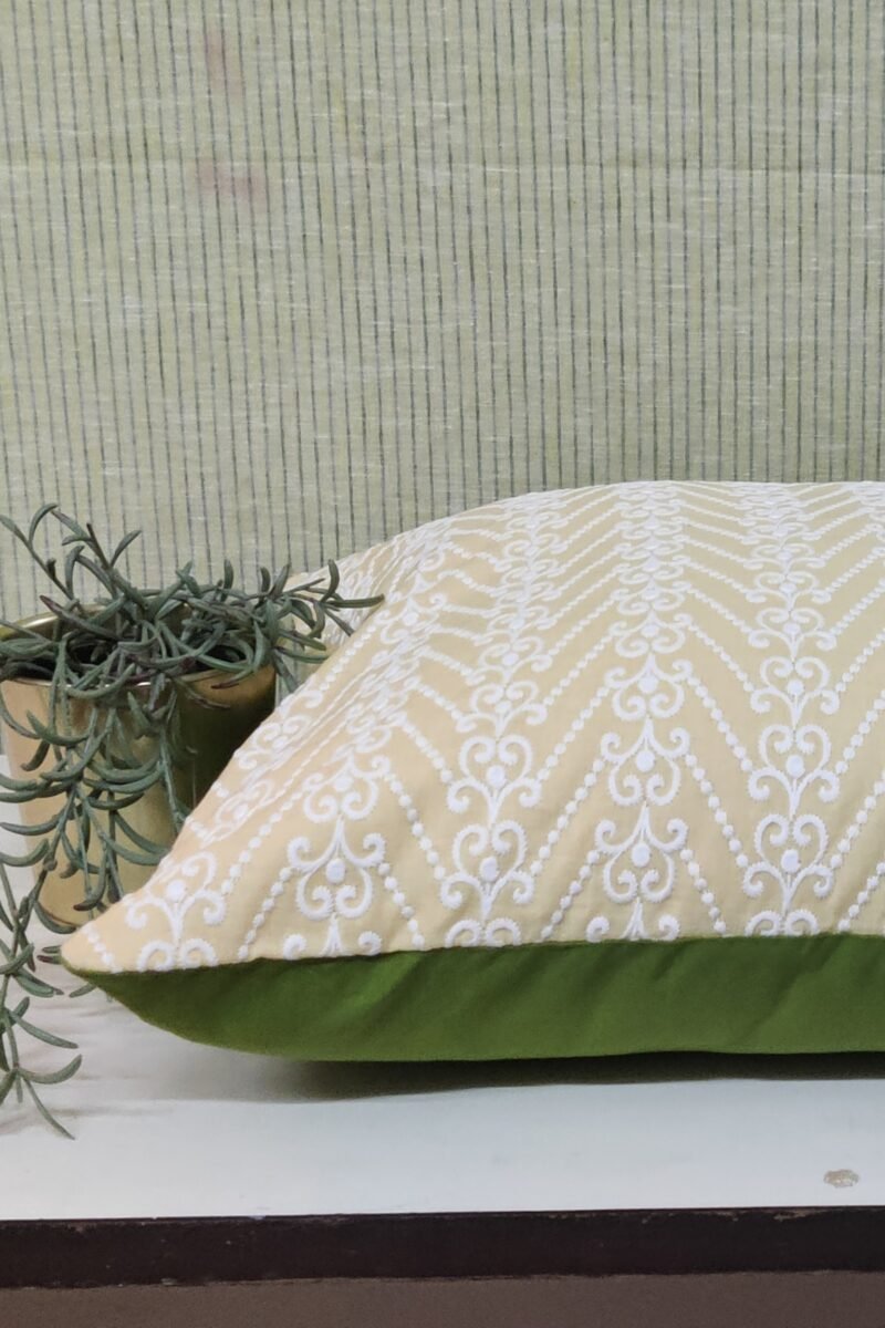 Cozy Cushion: Lemon Yellow Chikankari Cushion Cover 16" X 16" - Image 2
