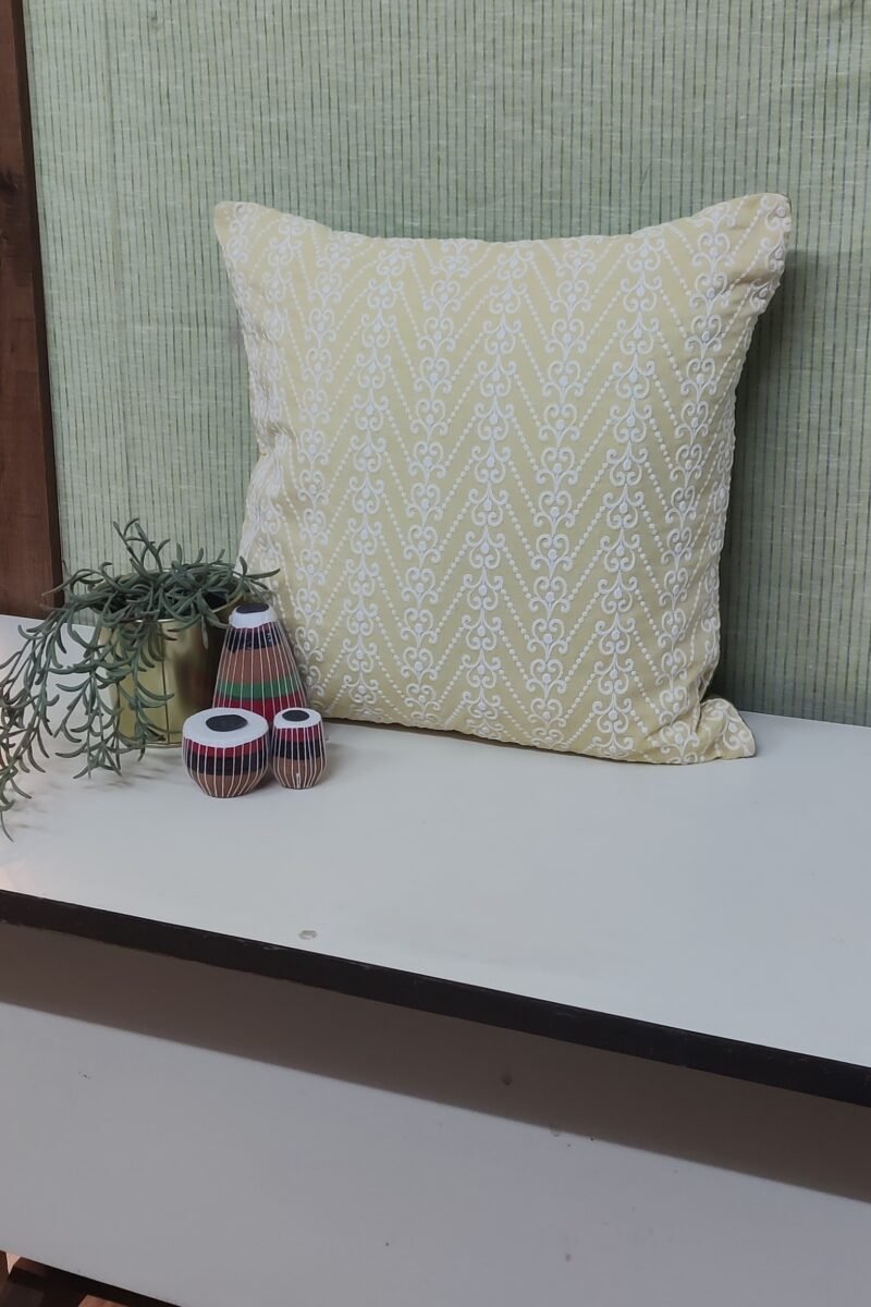 Cozy Cushion: Lemon Yellow Chikankari Cushion Cover 16" X 16" - Image 3