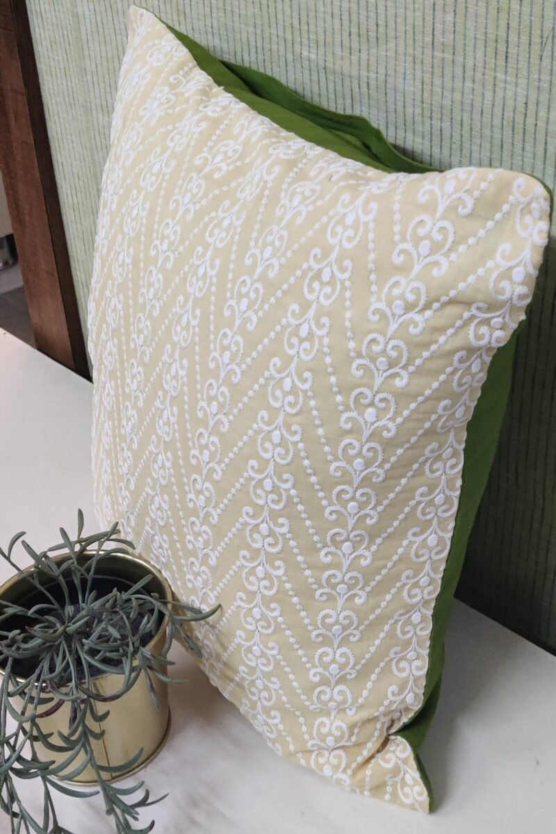 Cozy Cushion: Lemon Yellow Chikankari Cushion Cover 16" X 16" - Image 5