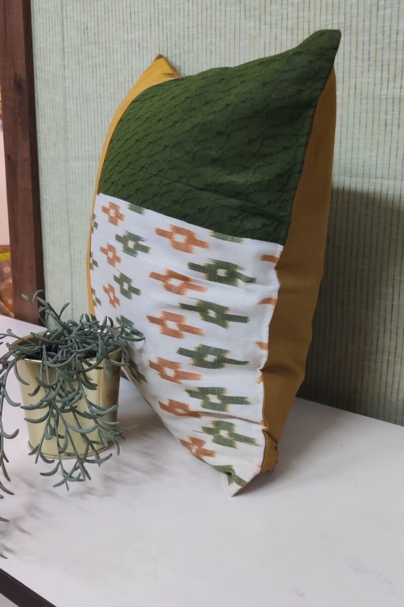 Cozy Cushion: Cream, Green and Mustard Patchwork with South Cotton Handloom Cushion Cover 16" X 16" - Image 2