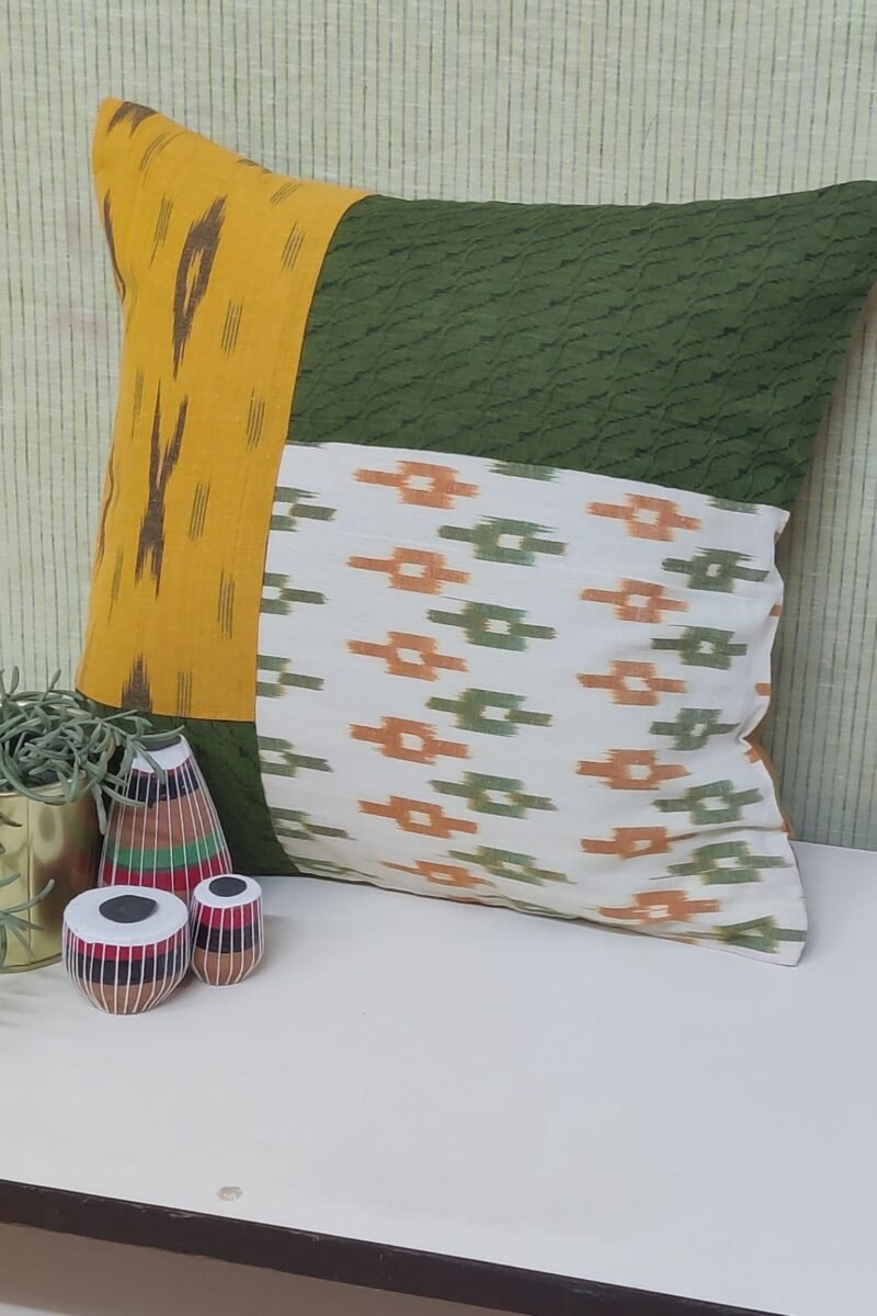 Cozy Cushion: Cream, Green and Mustard Patchwork with South Cotton Handloom Cushion Cover 16" X 16" - Image 4