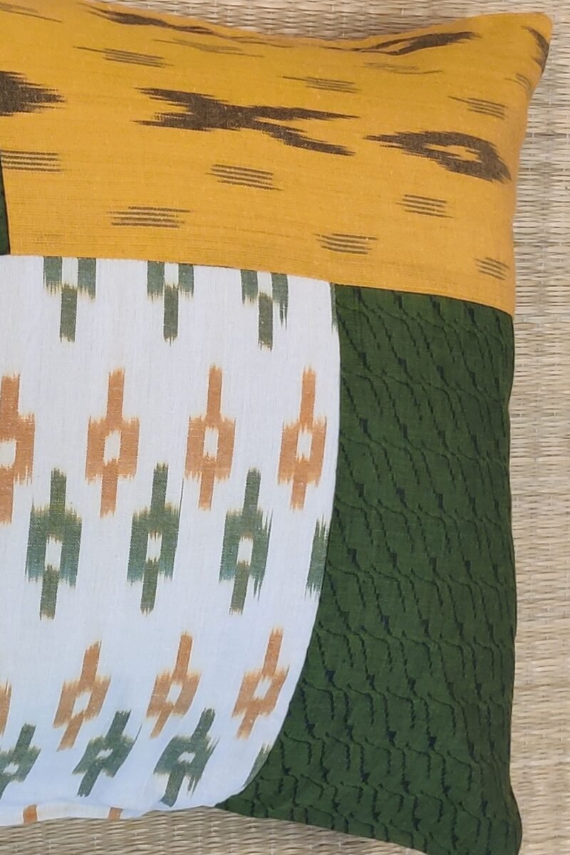 Cozy Cushion: Cream, Green and Mustard Patchwork with South Cotton Handloom Cushion Cover 16" X 16" - Image 5