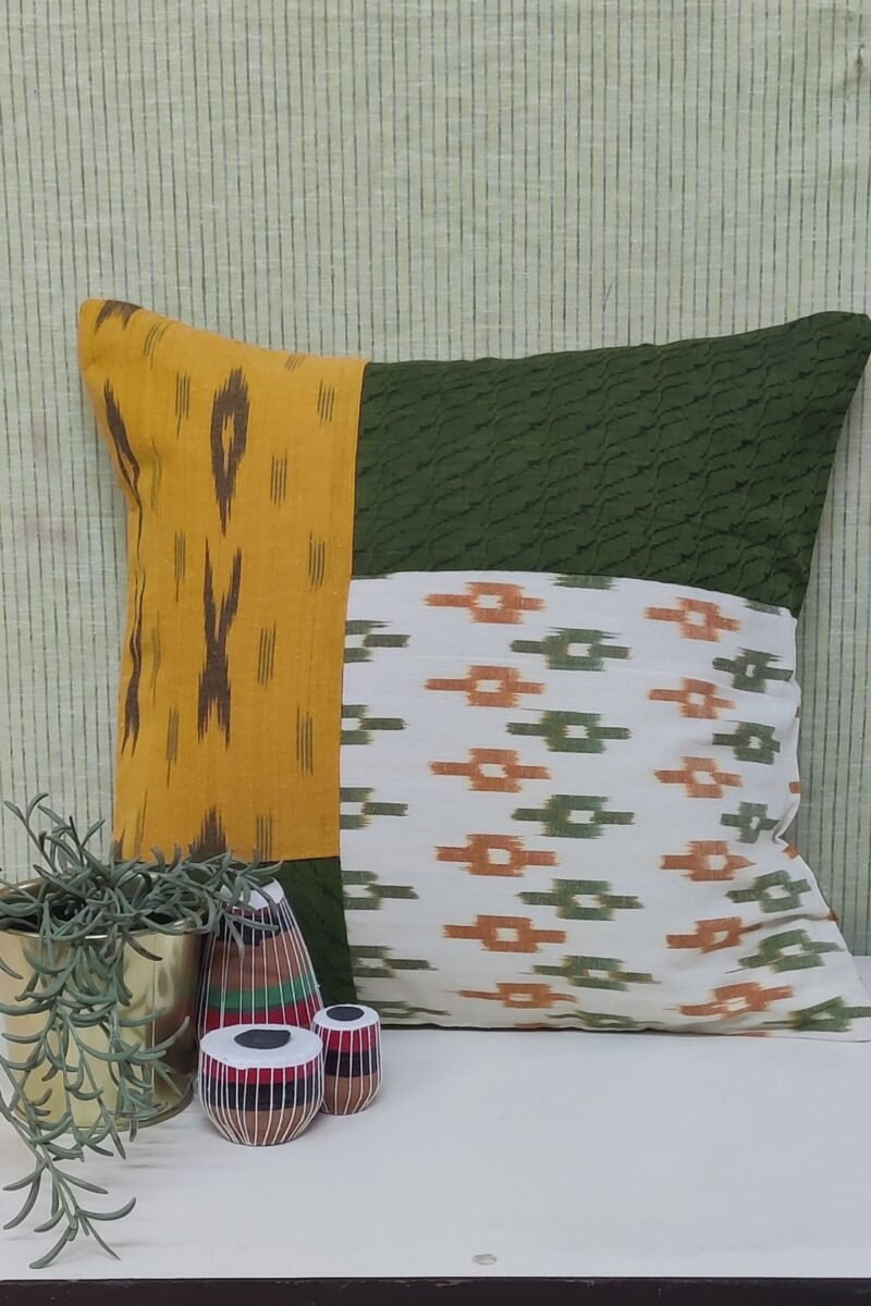 Cozy Cushion: Cream, Green and Mustard Patchwork with South Cotton Handloom Cushion Cover 16" X 16"