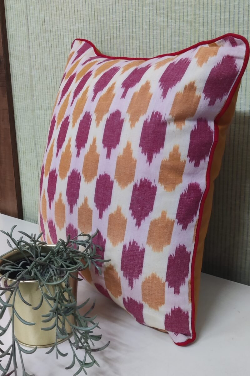 Cozy Cushion: Cream and Red Ikat Cotton with Red Piping Cushion Cover 16" X 16" - Image 2