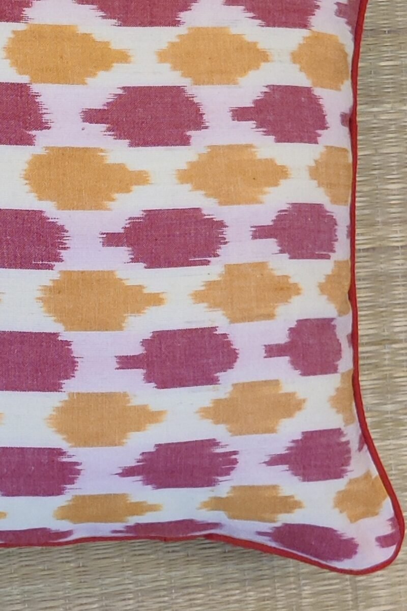 Cozy Cushion: Cream and Red Ikat Cotton with Red Piping Cushion Cover 16" X 16" - Image 3
