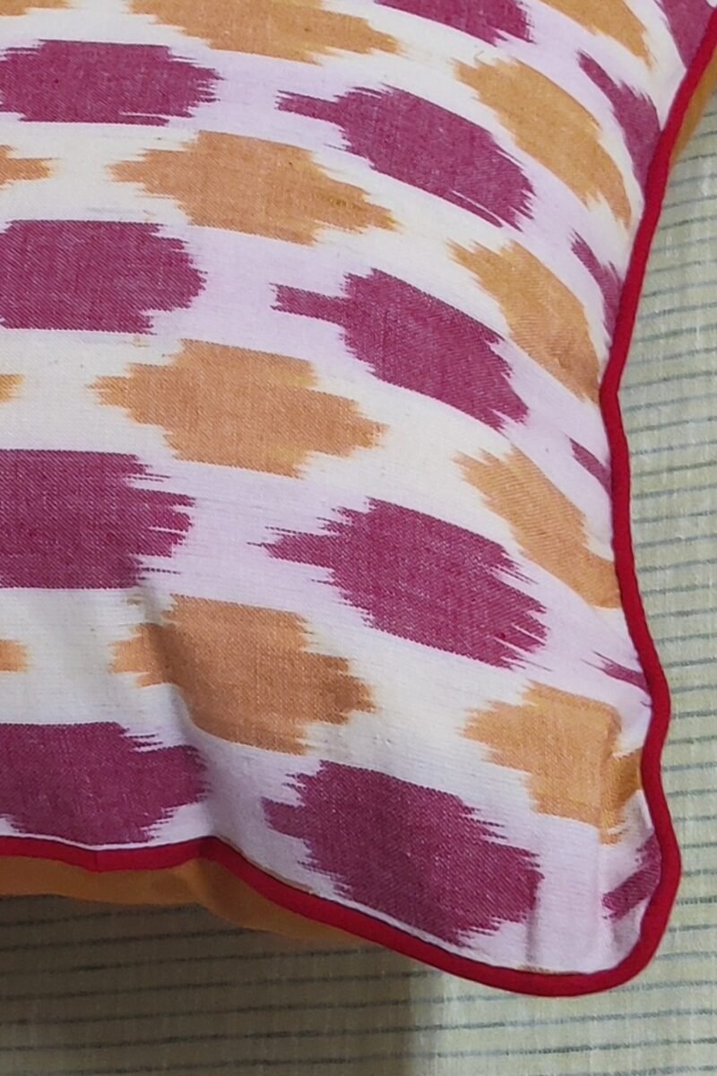 Cozy Cushion: Cream and Red Ikat Cotton with Red Piping Cushion Cover 16" X 16" - Image 4