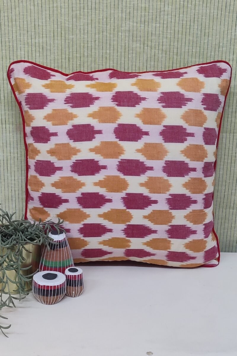 Cozy Cushion: Cream and Red Ikat Cotton with Red Piping Cushion Cover 16" X 16"