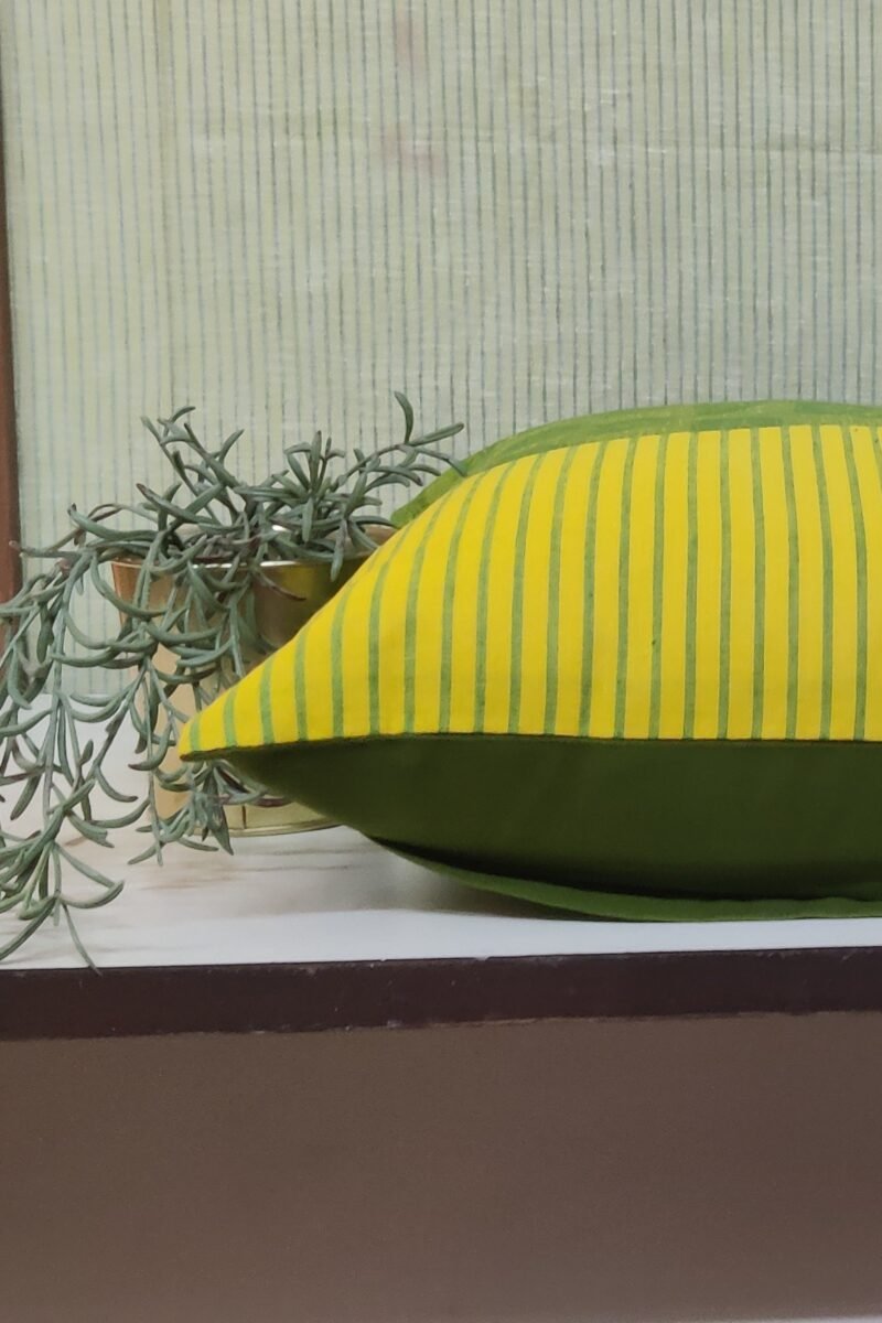 Cozy Cushion: Vibrant Green with Yellow Stripes Handloom Cotton Cushion Cover 16" X 16" - Image 2