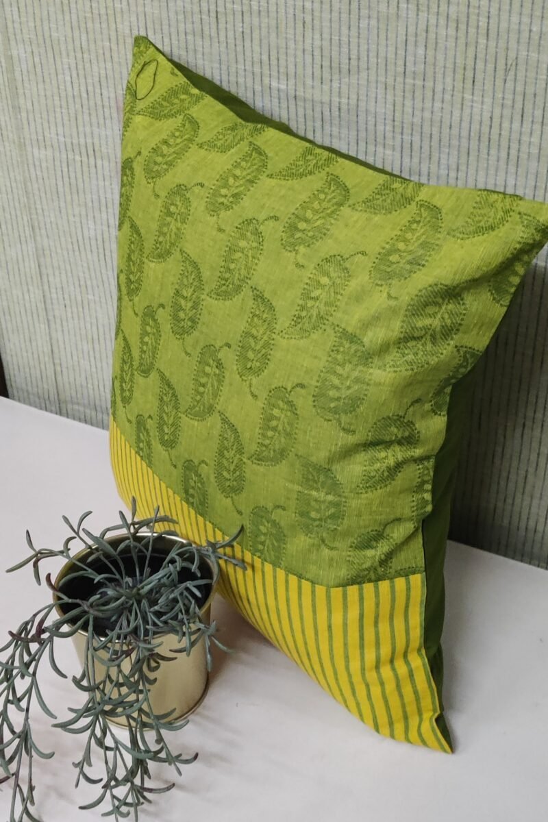 Cozy Cushion: Vibrant Green with Yellow Stripes Handloom Cotton Cushion Cover 16" X 16" - Image 3