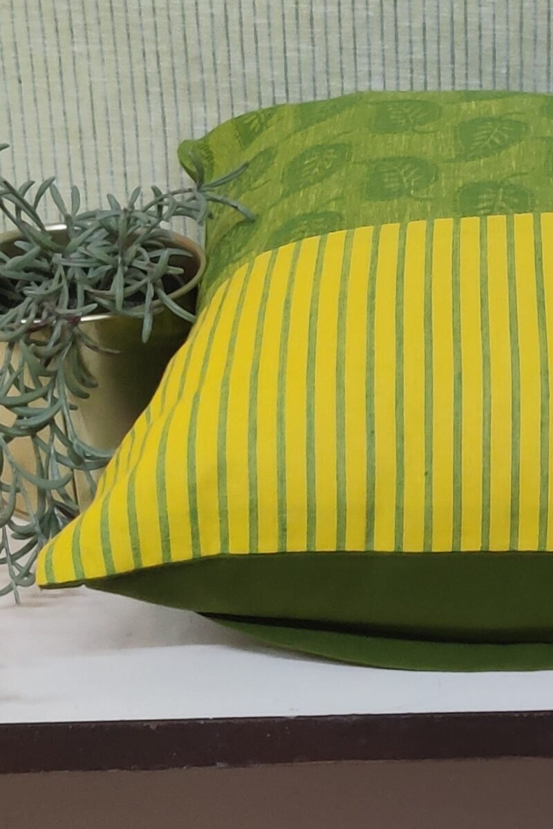 Cozy Cushion: Vibrant Green with Yellow Stripes Handloom Cotton Cushion Cover 16" X 16" - Image 4