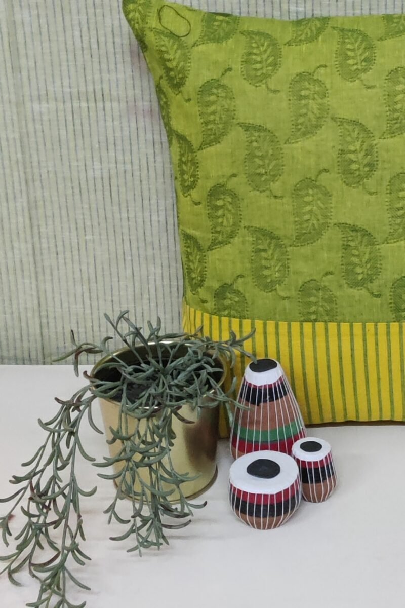 Cozy Cushion: Vibrant Green with Yellow Stripes Handloom Cotton Cushion Cover 16" X 16" - Image 5