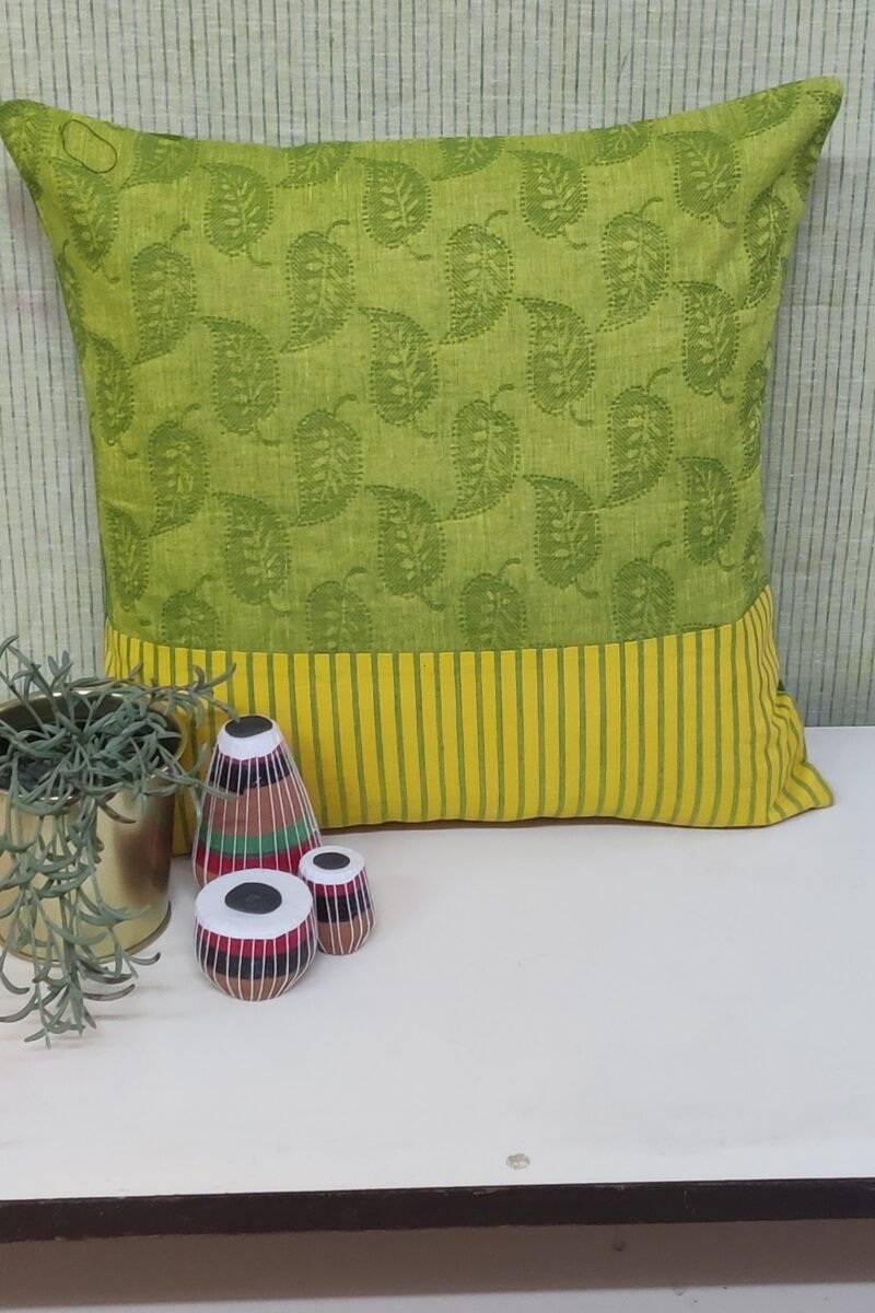 Cozy Cushion: Vibrant Green with Yellow Stripes Handloom Cotton Cushion Cover 16" X 16"