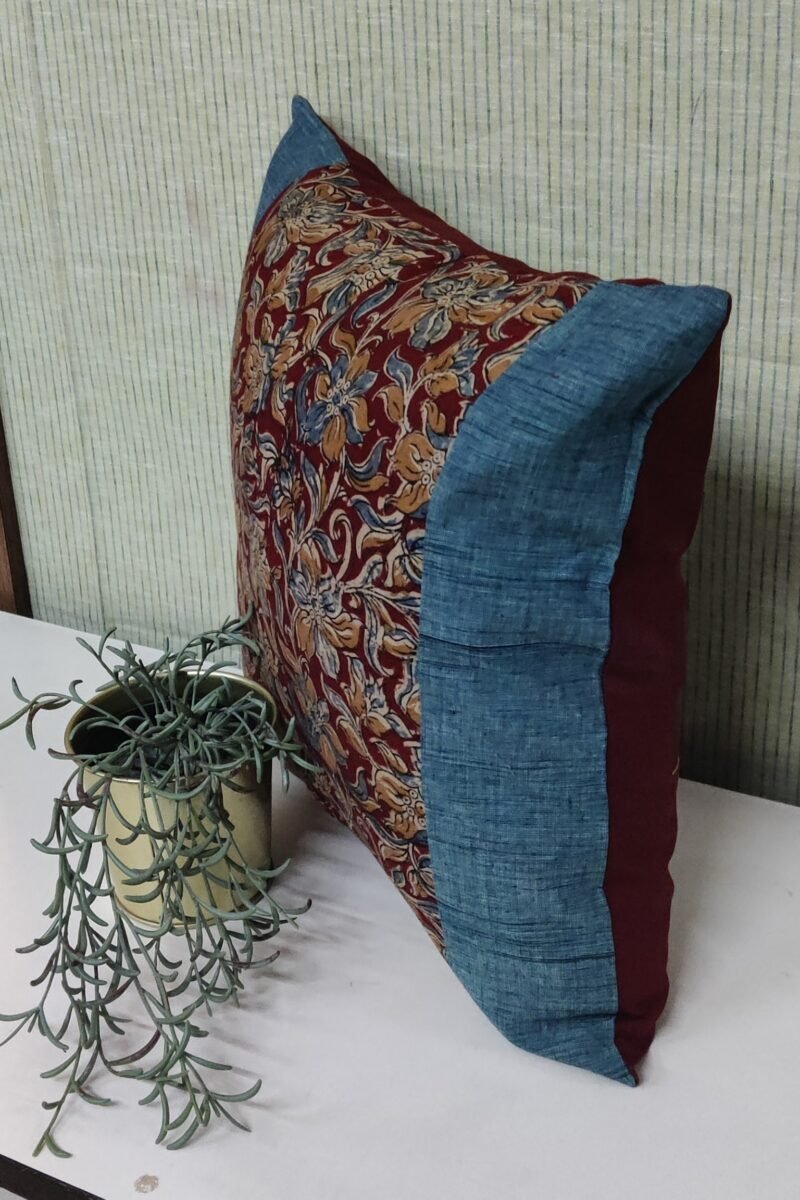 Cozy Cushion: Maroon Floral Kalamkari Cotton with Blue Border Cushion Cover 16" X 16" - Image 2