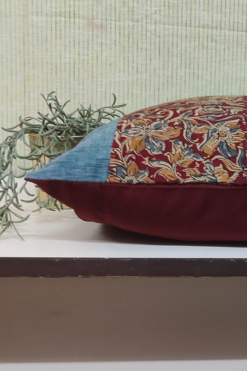 Cozy Cushion: Maroon Floral Kalamkari Cotton with Blue Border Cushion Cover 16" X 16" - Image 3