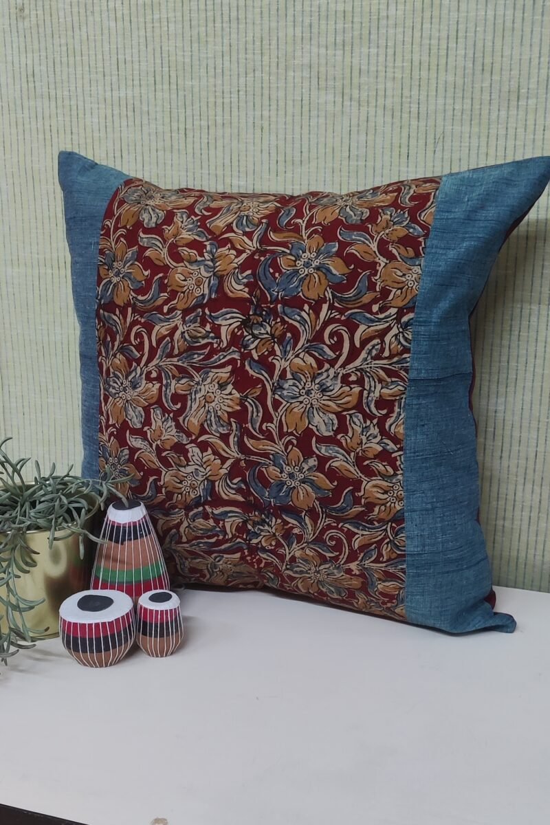 Cozy Cushion: Maroon Floral Kalamkari Cotton with Blue Border Cushion Cover 16" X 16" - Image 4