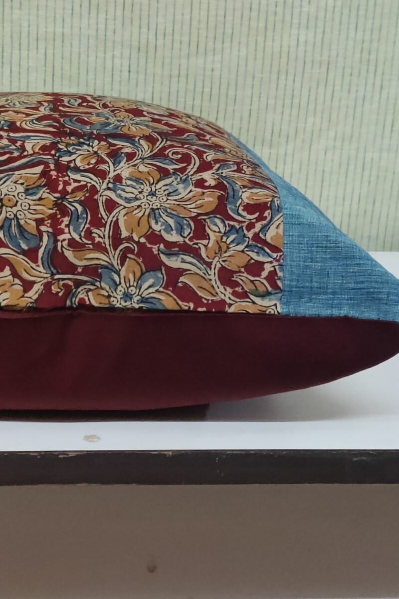 Cozy Cushion: Maroon Floral Kalamkari Cotton with Blue Border Cushion Cover 16" X 16" - Image 5