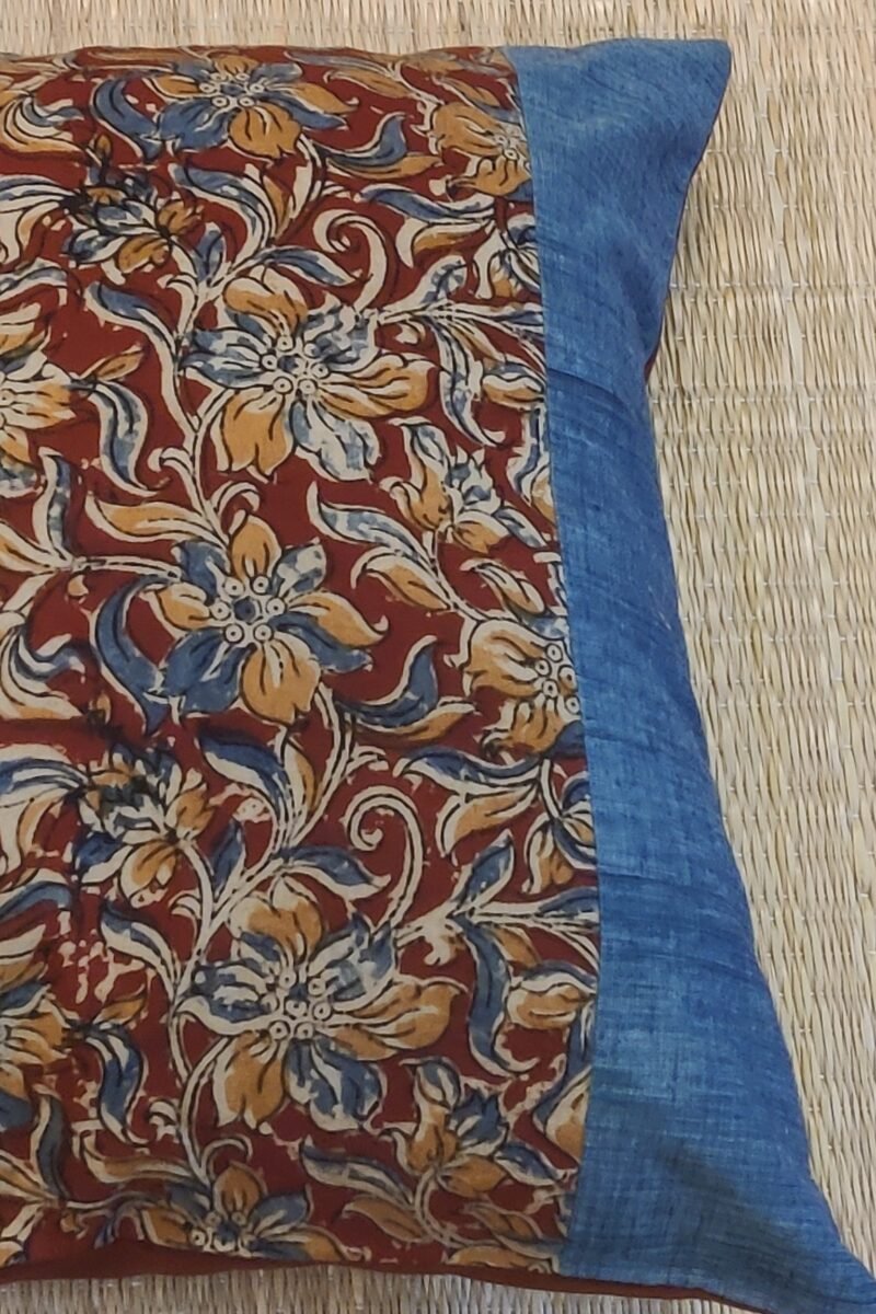 Cozy Cushion: Maroon Floral Kalamkari Cotton with Blue Border Cushion Cover 16" X 16" - Image 6