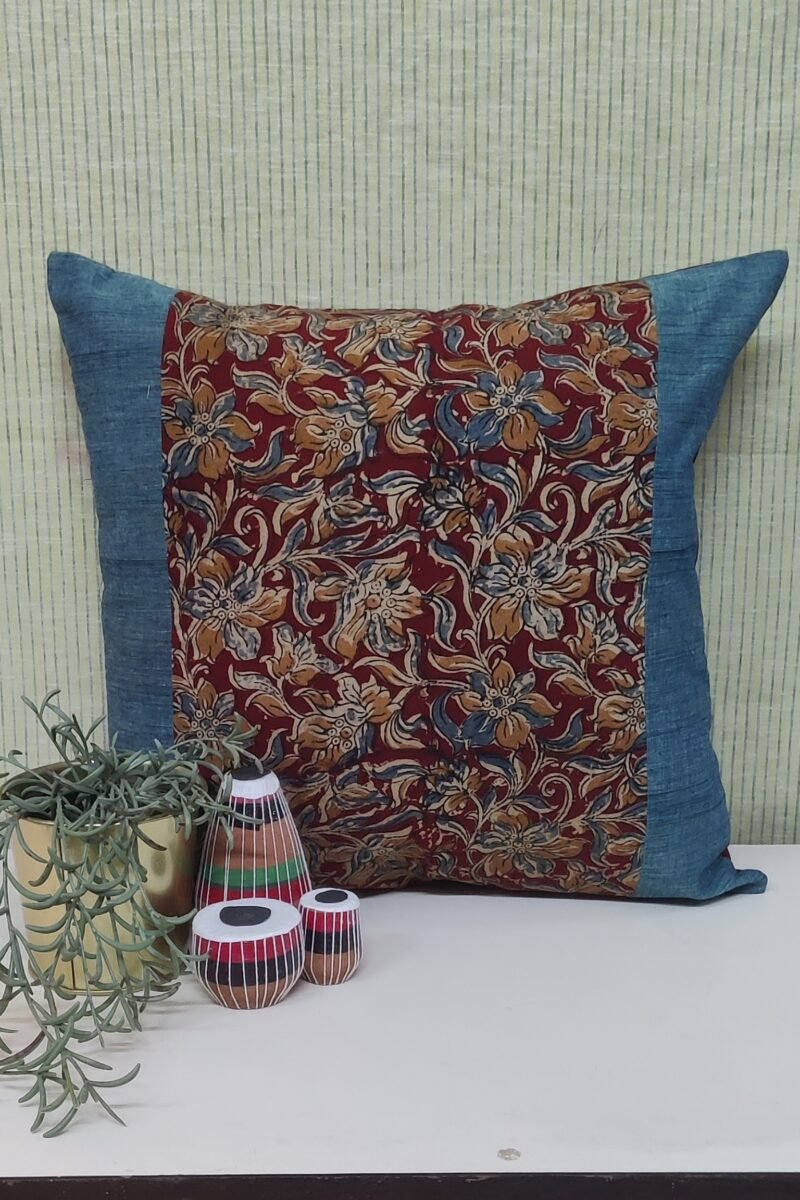 Cozy Cushion: Maroon Floral Kalamkari Cotton with Blue Border Cushion Cover 16" X 16"