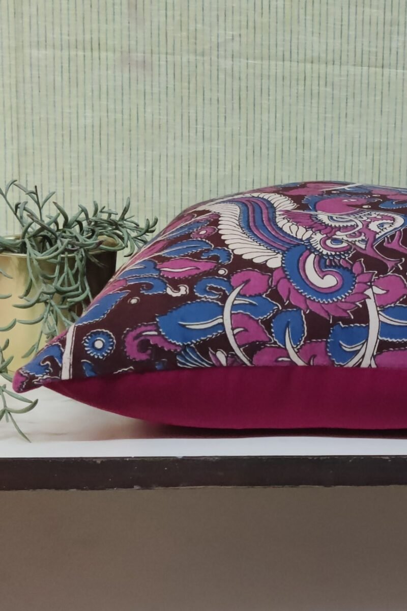Cozy Cushion: Maroon Kalamkari with Pink and Blue Peacock Print Cushion Cover 16" X 16" - Image 2