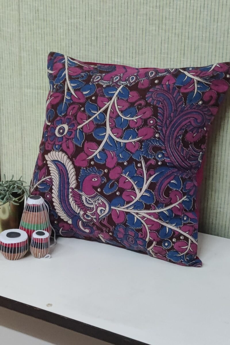 Cozy Cushion: Maroon Kalamkari with Pink and Blue Peacock Print Cushion Cover 16" X 16" - Image 3