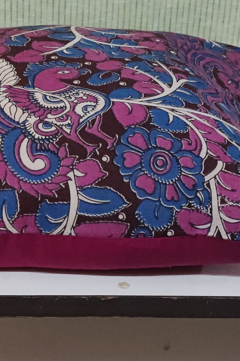 Cozy Cushion: Maroon Kalamkari with Pink and Blue Peacock Print Cushion Cover 16" X 16" - Image 4