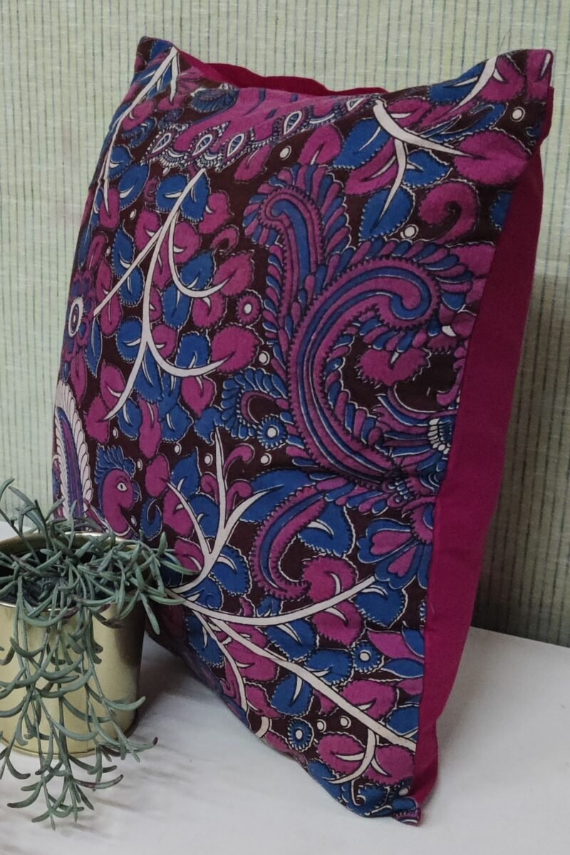 Cozy Cushion: Maroon Kalamkari with Pink and Blue Peacock Print Cushion Cover 16" X 16" - Image 5