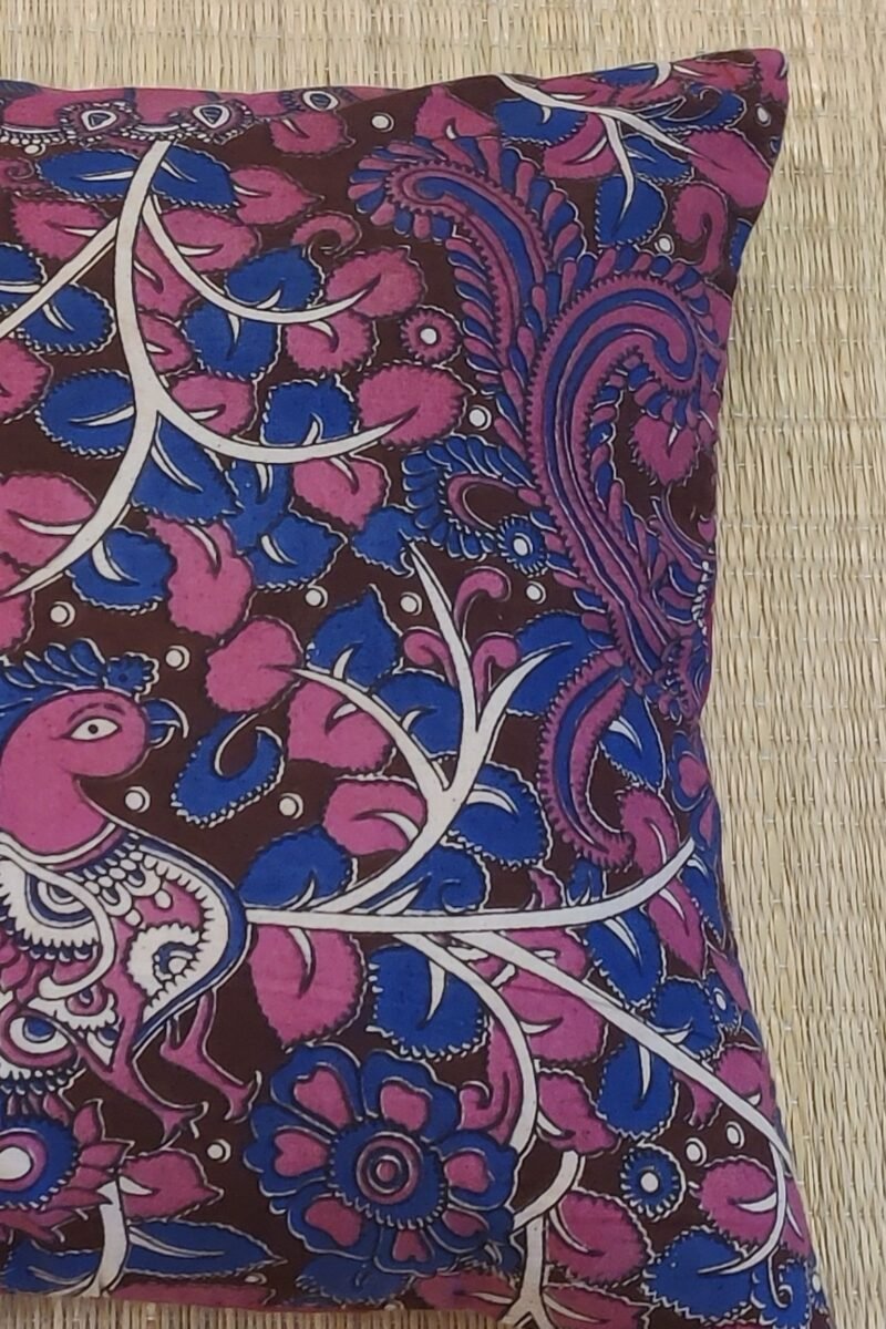 Cozy Cushion: Maroon Kalamkari with Pink and Blue Peacock Print Cushion Cover 16" X 16" - Image 6