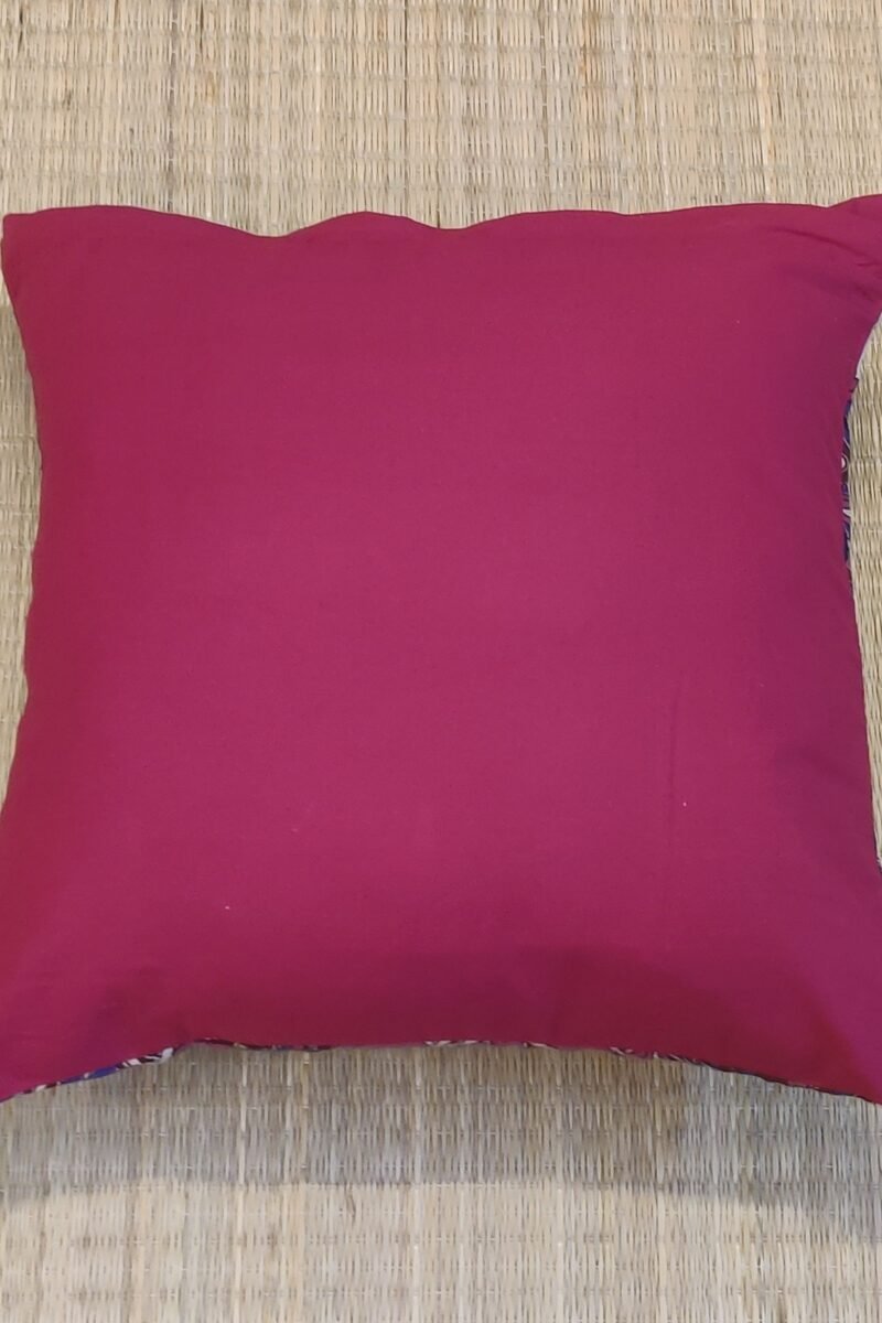 Cozy Cushion: Maroon Kalamkari with Pink and Blue Peacock Print Cushion Cover 16" X 16" - Image 7