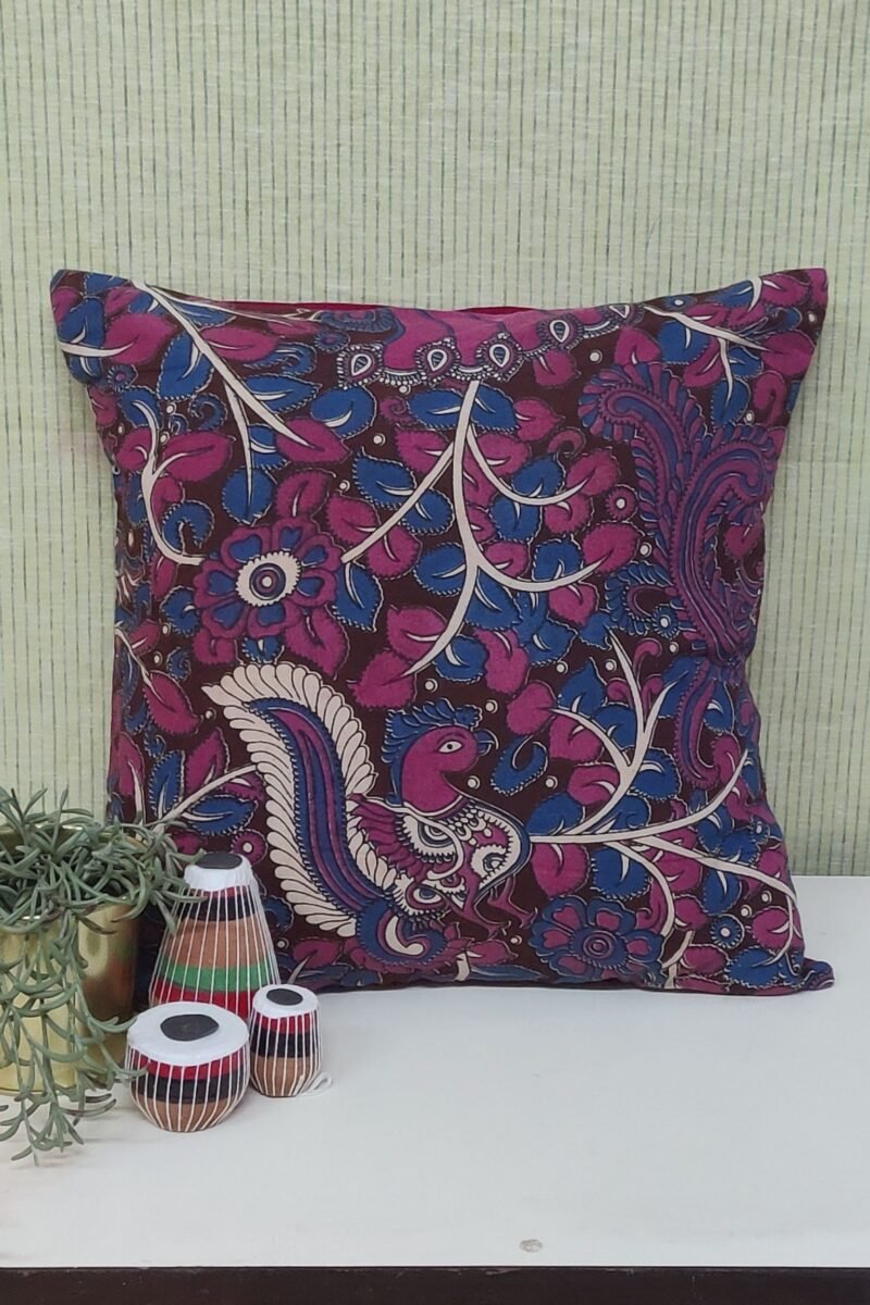Cozy Cushion: Maroon Kalamkari with Pink and Blue Peacock Print Cushion Cover 16" X 16"