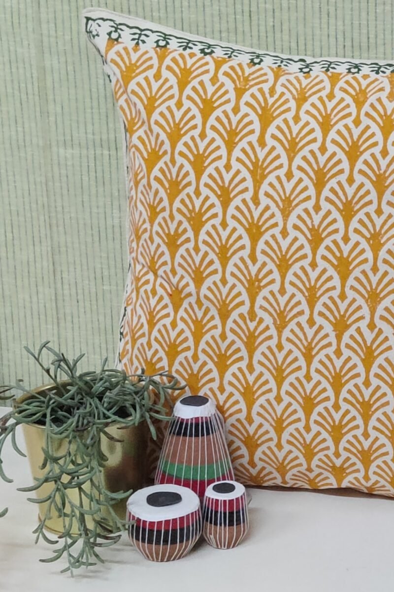 Cozy Cushion: Hand Block Printed Cream Kora Cotton Cushion Cover 16" X 16" - Image 2