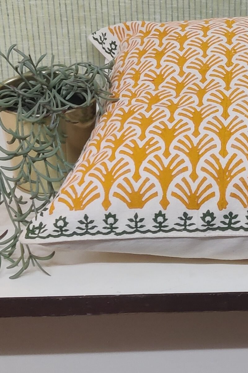Cozy Cushion: Hand Block Printed Cream Kora Cotton Cushion Cover 16" X 16" - Image 4
