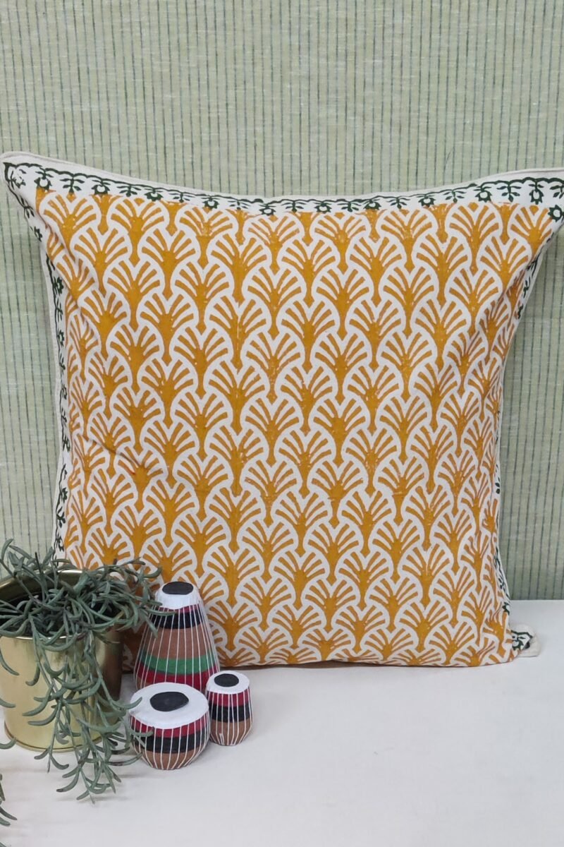 Cozy Cushion: Hand Block Printed Cream Kora Cotton Cushion Cover 16" X 16"