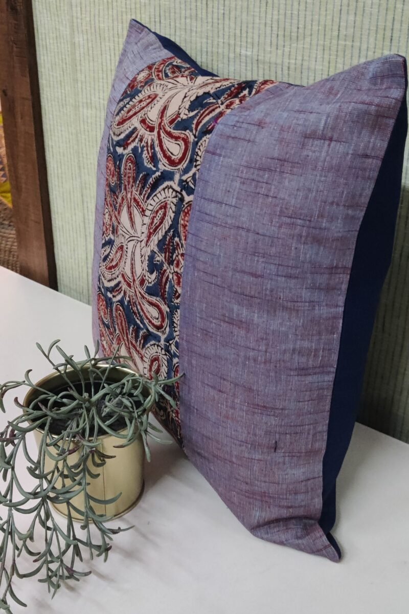 Cozy Cushion: Shaded Blue and Maroon Mangalgiri with Kalamkari Cushion Cover 16" X 16" - Image 2