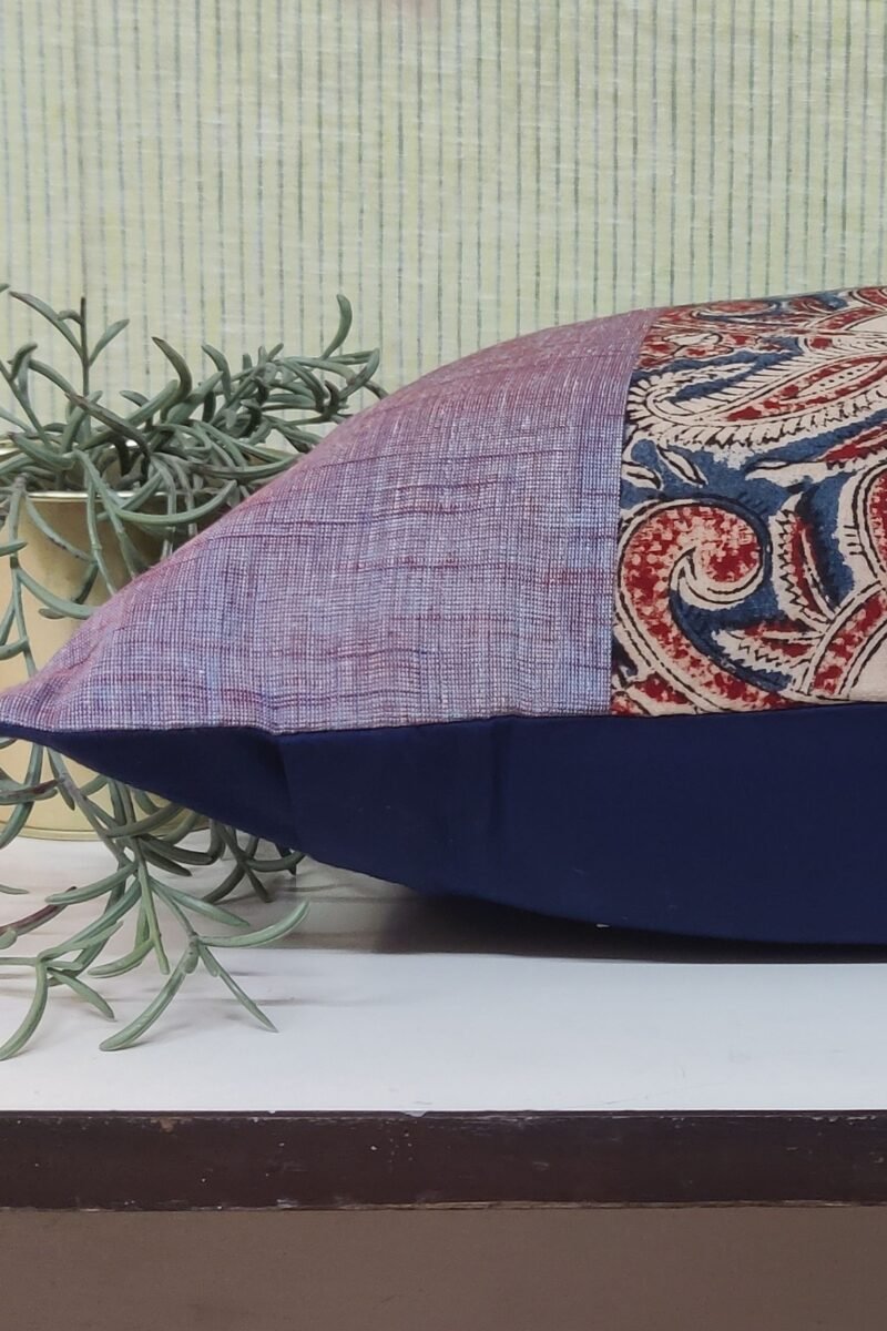 Cozy Cushion: Shaded Blue and Maroon Mangalgiri with Kalamkari Cushion Cover 16" X 16" - Image 3